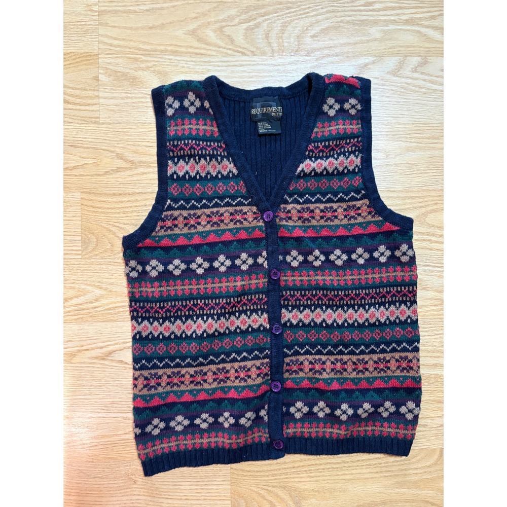 Vintage Requirements Petite L Fair Isle Knit V Neck Button Front Sweater Vest